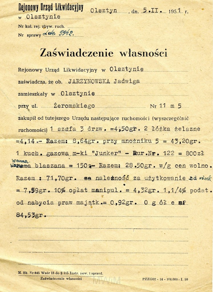 KKE 4599.jpg - Dok. Zaświadczenie własności. Jadwigi Jarzyniowskiej (z domu Siemaszko), Olsztyn, 5 II 1951 r.